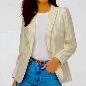 J CREW Linen Blend One Button Blazer Womens Plus Sz 18 Ivory Brown Stripe Preppy